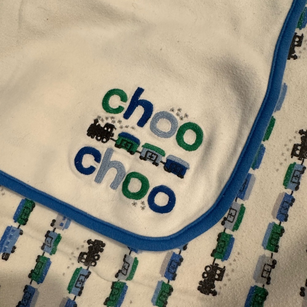 Gymboree Choo Choo Trains blue white  cotton baby receiving blanket 2016